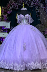 Lilac Ball Gown Off-Shoulder Sleeveless Quinceanera Dress with 3D Floral Appliques & Beaded Shawl for Formal Evenings